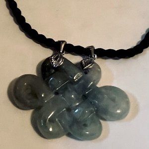 Vintage Chinese Cord Necklace w. Carved Pierced Jadeite Jade -Endless Knot 16"